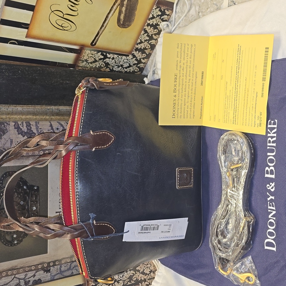 NWT Dooney and Bourke-Navy Florentine Leather w/ T'moro Brown Handles